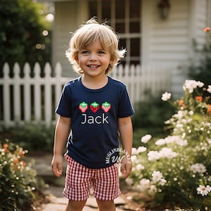 May include: A child's navy blue t-shirt featuring three strawberry designs and the name "Jack". The child is also wearing red and white gingham shorts. The background shows a white picket fence and various flowers.