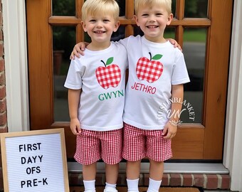 Boys Back to School Outfit, Apple Applique Shirt, First Day of Preschool T-shirt, 1st Day of PreK Bodysuit, Monogrammed Back to School Gift