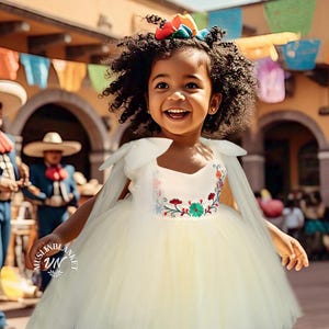 Ivory Mexican Embroidered Baby Dress Tulle Colorful Floral Design, Traditional Style for Cinco de Mayo, Día de los Muertos Festivals Summer