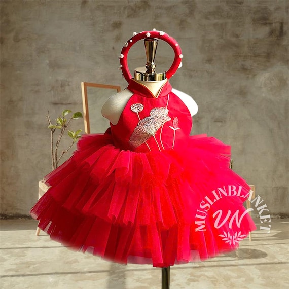 Red Tet Holiday Girl Tulle And Silk Ao Dai Traditional Vietnamese Outfit |Lunar New Year| Kid Ao Dai|Handmade Girls Puff Dress| Many Layers
