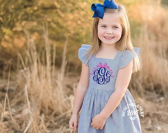 Seersucker Monogram Dress Easter, Graduation, Preschool, Summer, Beach, Vacation, Birthday, Wedding, Flower Girl, Recital, Baptism, School