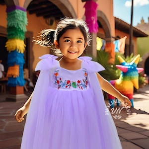 Lilac Mexican Embroidered Baby Dress Tulle Colorful Floral Design, Traditional Style for Cinco de Mayo, Día de los Muertos Festivals Summer