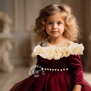 NEW Red Velvet Long Sleeves Dress Burgundy Bow Dress Back Top And Cream Baby Girl Dress, Holiday Toddler Dress, Girl Fluffy Cream Tutu Dress