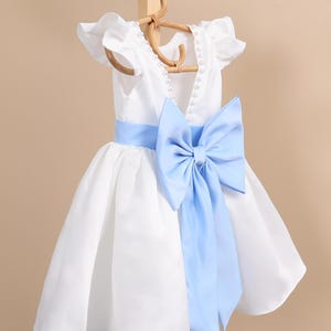 Blue Satin Sash Off White Pearls Tulle Flower Girl Dress V-Back Dress Pearls Ivory Communion Dress Knee Length Dress Belt Wedding Baptism