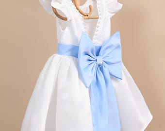 Blue Satin Sash Off White Pearls Tulle Flower Girl Dress V-Back Dress Pearls Ivory Communion Dress Knee Length Dress Belt Wedding Baptism