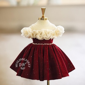 2026 Christmas Girl Dress, Christmas RED VELVET Bow Back Top And Cream Baby Girl Dress, Holiday Toddler Dress, Girl Fluffy Cream Tutu Dress