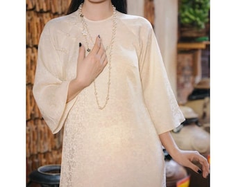 Crèmekleurige zijde Ao Dai, crèmekleurige chiffonborduurwerk Ao Dai-set, gemoderniseerde Vietnamese schattige Ao Dai, nieuw maanjaar, Ao Dai Tet, familie-tet-fotoshoot