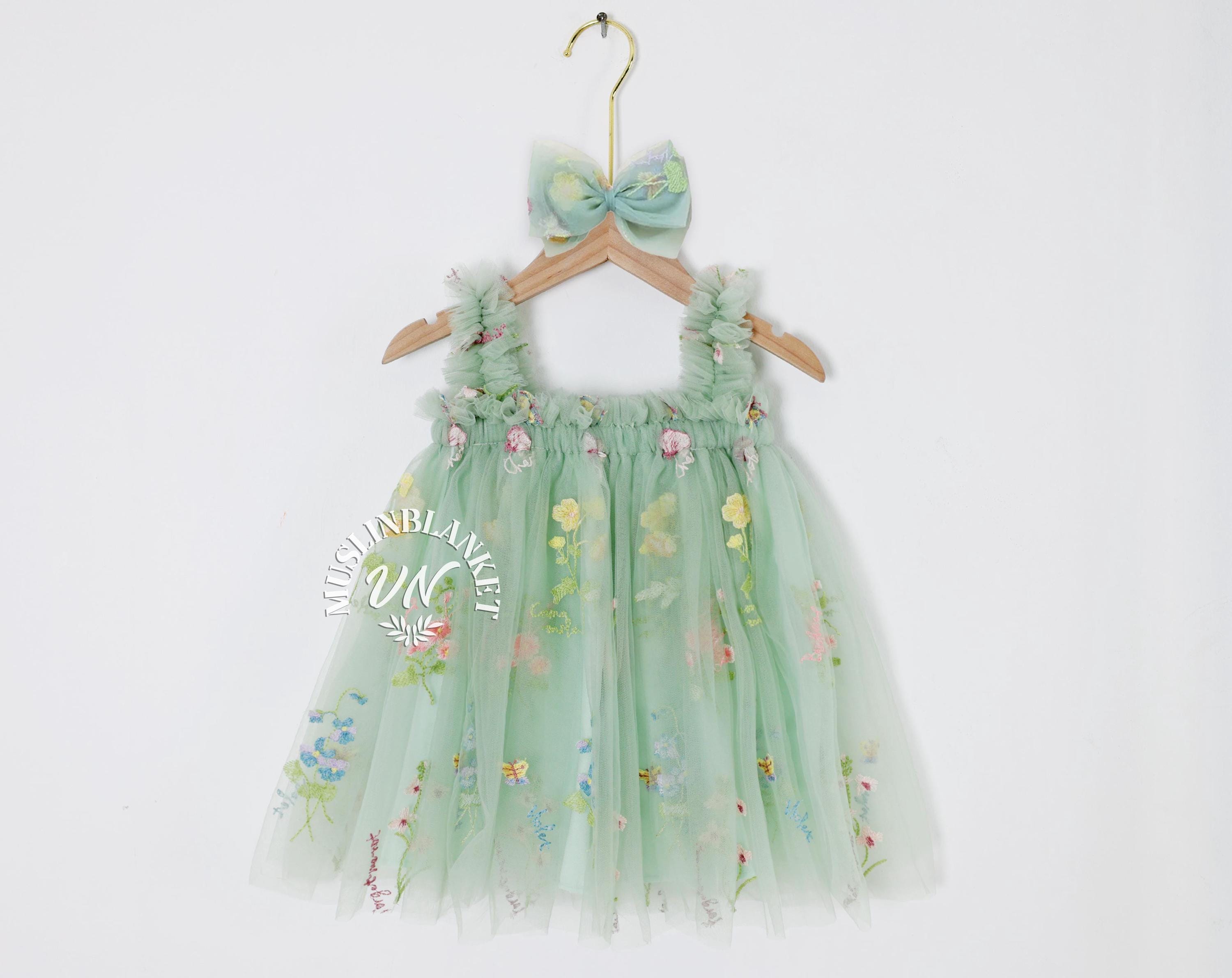 sage green infant dress Sage Green Baby Girl Tulle Romper Dress with Floral Embroidery, Toddle –  AmimamiDoll main image 0
