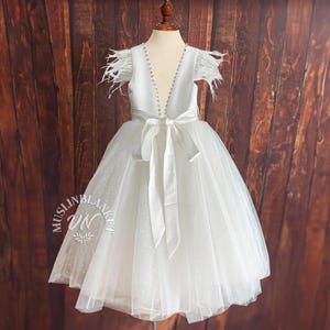 Feather Sleeves Off White Flower Girl Dress, Tulle Flower Girl Dress, V Back Top Dress With Beaded, Communion Dress Ankle Length Pure White