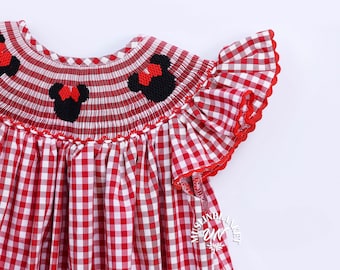 Baby Girl Mouse Ears Smocked Bubble Romper Bubble, Magical Trip Romper Bubble, Smocked Romper, Sweet One Romper, Red Gingham, Summer Outfit