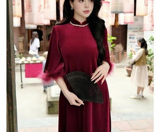 Luxury Red Velvet Ao Dai Set With Feathers, Wedding Bride Ao dai, Tradditional Vietnamese Ao Dai, Lunar New Year, Ao Dai Tet Photoshoot