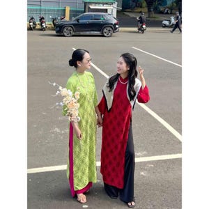 Flowy Red Silky Ao Dai Set, Modernized Vietnamese Ao Dai, Lunar New Year, Ao Dai Tet, Family Tet Photoshoot, Matching Tradditional Ao Dai