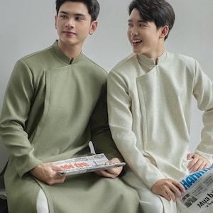Modernized Ao Dai For Men With Snap Button, Ao Dai Vietnam, Pre-Made Vietnamese Ao Dai, Men Ao Dai With Shoulder Pad, Ao Dai Tet Father Gift