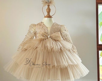 Gold Sequin Ribbon Baby Girl Wedding Dress, Birthday Pearl Stone Tutu Dress, Birthday Outfit, Princess Style Dress, Puffy Dress,Tulle Dress