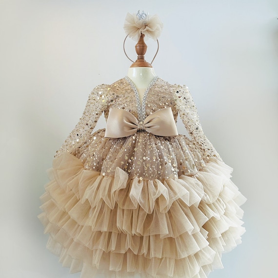 Gold Sparkly Girl Dress Long Sleeves| 1st Birthday Baby Dress Big Bow|  Glitter Puffy Baby Dress With Long Puffy Sleeve| Pageant Baby Girl - Etsy