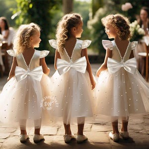 Ivory Pearl Flutter Sleeves Tulle Off White Flower Girl Dress V-Back Satin Top Dress with Pearls Communion Dress Mid Calf - Length| Birthday