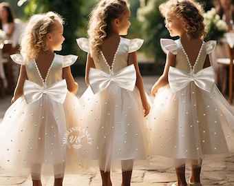 Ivory Pearl Flutter Sleeves Tulle Off White Flower Girl Dress V-Back Satin Top Dress with Pearls Communion Dress Mid Calf - Length| Birthday