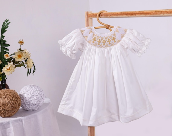 White Smocked Cross Dress Gold Crosses | Lace Sleeves | Baptism, Christening, Baby Girl | Heirloom Dress | Flower Girl | Bishop Style