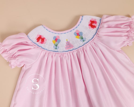 Birthday Cake Pink Smocked Dress Birthday Girl Outfit Baby s First Birthday Outfit Pink 1st Birthday Dress Birthday Baby Bubble Gift Etsy
