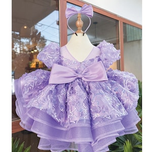 Bloemen lila 1e 2e 3e verjaardag jurk babymeisje peuter fancy kanten jurk gezwollen paarse glitter feestjurk optocht peuter speciale gelegenheden
