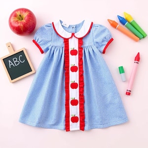 Blue Gingham Back to School Outfit Girls Back to School Dress Monogrammed Back to School Dress Apple Seersucker Puff Sleeve Dress Toddler