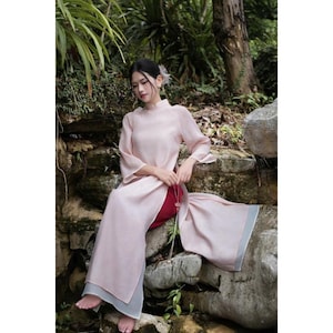 Flowy Pastel Color Pink Chiffon Embroidery Ao Dai Set, Modernized Vietnamese Cute Ao Dai, Lunar New Year, Ao Dai Tet, Family Tet Photoshoot