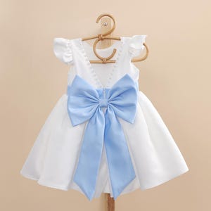 Pastel Blue Sash Off White Pearls Tulle Flower Girl Satin Dress V-Back Dress Pearls Ivory Communion Knee Length Girl Dress Blue Belt Baptism