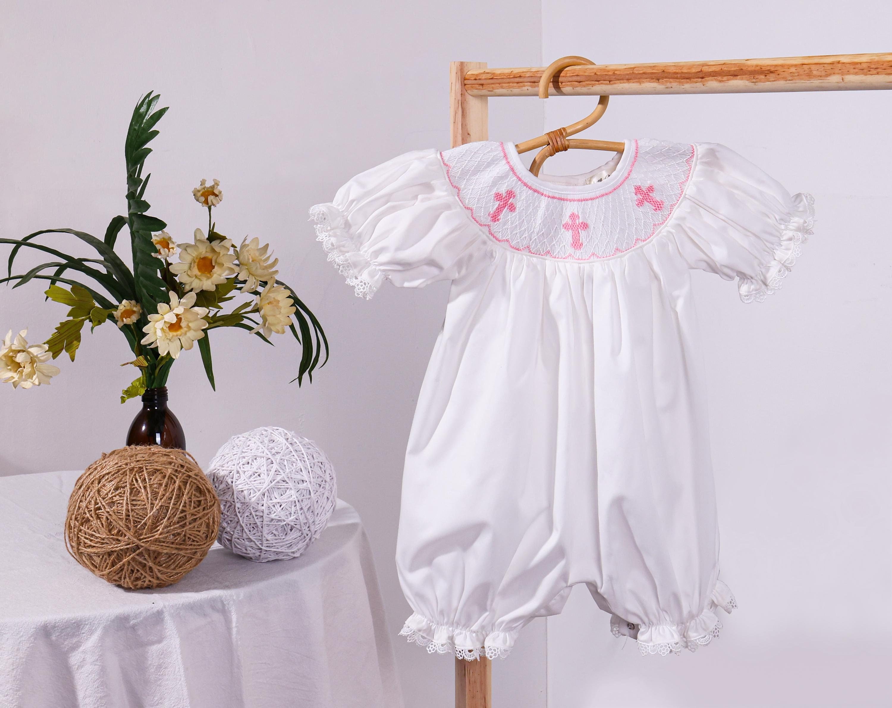 White & Pink Crosses Smocked Cross Bubble Romper Baptism Outfit ,  Christening, Baby Girl, Heirloom Dress, White Dress, Bishop Style Dress -  Etsy
