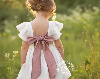 Linnen bruidsmeisje jurk linnen zomerjurk voor meisjesmeisjesjurk peuter met stoffige roze strik bloemenmeisjesjurk Boho lente boho flutter mouw