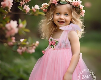 Paster Pink Easter Baby Girl Dress, Knee Length, 3D Floral Applique Dress, Wedding Flower Girl, Pink Fluffy Dress, One Shoulder Tulle bow