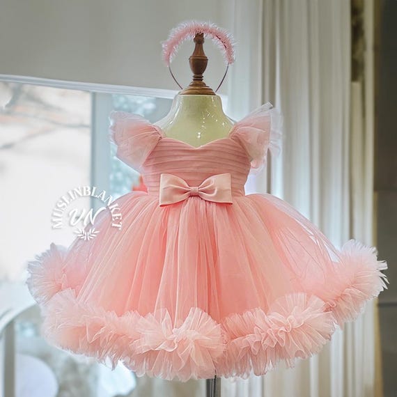 Pink Bow Tulle Cute Flower Girl Wedding Communion Baptism 1st Birthday  Toddler Girl Infant Girl Dress Girl Fluffy Dress Cake Smash Outfit - Etsy