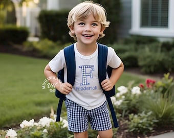 Toddler Boys Back to School Outfit , Personalized Apple Applique Shirt Gingham Shorts, Perfect First Day of Preschool and Kindergarten Pre-K