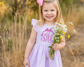 Seersucker Monogram Dress Easter, Graduation, Preschool, Summer, Beach, Vacation, Birthday, Wedding, Flower Girl, Recital, Baptism, School