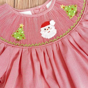 Rot Gingham Weihnachten Langarm Gesmokt Bestickt Santa Dress Outfit, Weihnachtsbaum, Holiday Bubble, 1st Christmas Santa Photoshoot