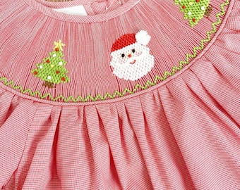 Red Gingham Christmas Long Sleeve Smocked Embroidered Santta Dress Outfit, Christmas Tree, Holiday Bubble, 1st Christmas Santa Photoshoot