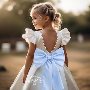 Blue Satin Sash Off White Pearls Tulle Flower Girl Dress V-Back Dress Pearls Ivory Communion Dress Knee Length Dress Belt Wedding Baptism