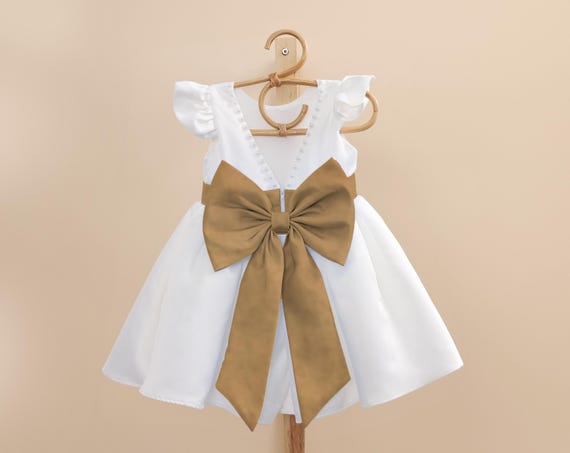 Champagne Sash Off White Pearls Tulle Flower Girl Satin Dress V-Back Dress Pearls Ivory Communion Knee Length Girl Dress Gold Belt Baptism