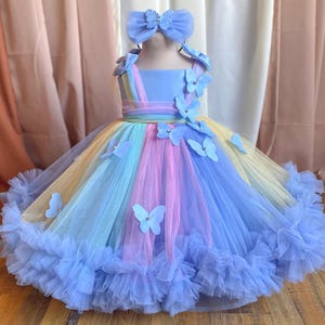Birthday Butterfly Style Baby Pastel Blue Dress, First Birthday Party Rainbow Dress, Puffy Baby Dress With Butterflies, Flower Girl Dress