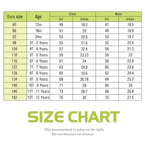 May include: Size chart for children's clothing with measurements in inches and centimeters. The chart shows the corresponding age, Euro size, chest measurement, and waist measurement for each size.