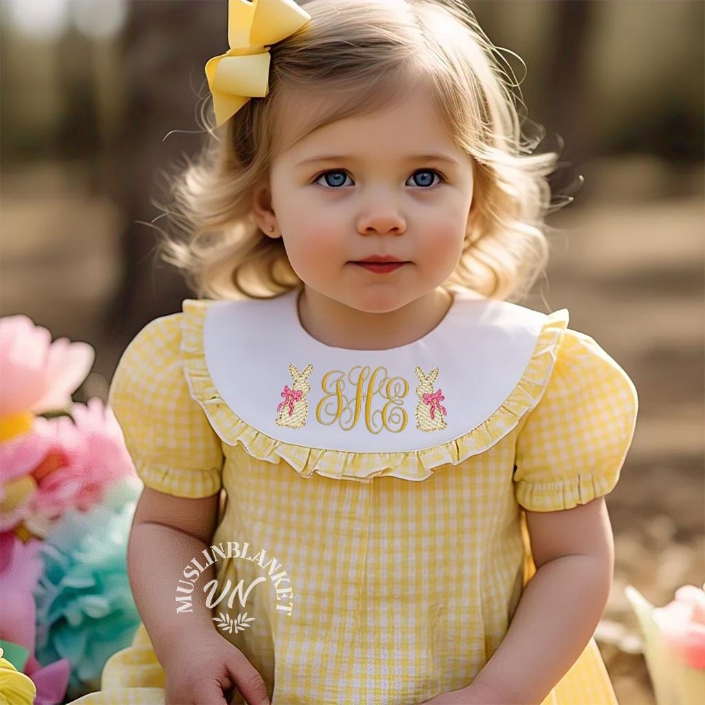 Easter Monogram Dress Bishop Style Gingham Dress for Baby Toddler Kids embroidered Easter Gift for Brother Sister Sibling Matching Bishop