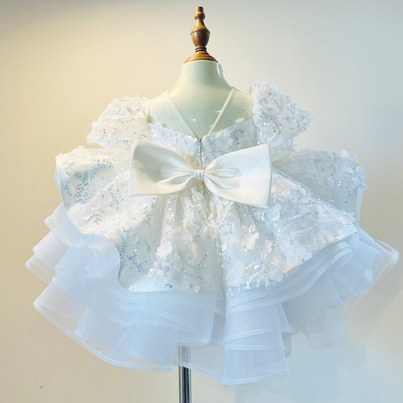 White Puffy Birthday Butterfly Lace Dress Baby Girls Dress