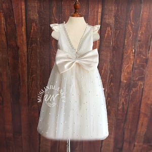Ivory Tulle Flower Girl Dress, V-Back Dress With Pearls, Communion Dress, High Low Style Pearls Dress, Communion Dress, Mid calf - Length,