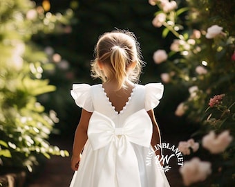 Flower Girl Elegant Satin Ivory V-Back Satin Big Bow Wedding Knee Length Communion Baptism Birthday Summer Spring Infant Toddler Girl Dress