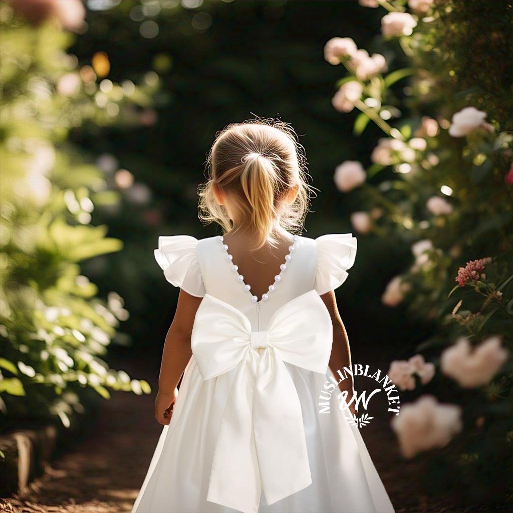 Bloemenmeisje Elegant Satijn Ivoor V-rug Satijnen Grote Strik Bruiloft Knielengte Communie Doop Verjaardag Zomer Lente Baby Peuter Meisjesjurk
