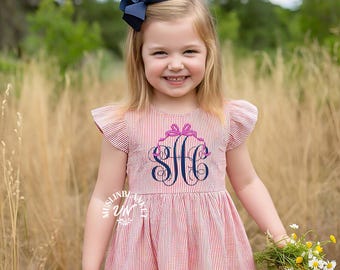 Seersucker Monogram Dress Easter, Graduation, Preschool, Summer, Beach, Vacation, Birthday, Wedding, Flower Girl, Recital, Baptism, School