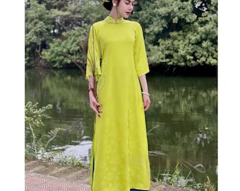 Gele zijde Ao Dai, crèmekleurige chiffonborduurwerk Ao Dai-set, gemoderniseerde Vietnamese schattige Ao Dai, nieuw maanjaar, Ao Dai Tet Family Tet-fotoshoot