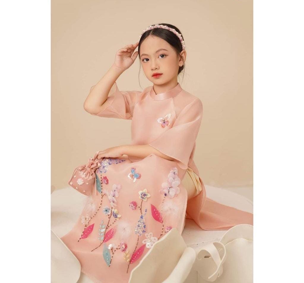 Luxury Girl Organza And Silk 3D Floral Embroidery Ao Dai Traditional Vietnamese  Outfit Lunar New Year Kid Ao Dai, Ao Dai For Baby Girl Tet