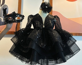 Black Sequined Baby Puffy Dress, Toddler Girl Dress, Black Birthday Tutu Dress, Toddler Party Dress, Flower Girl Dress, 1st Birthday Dress