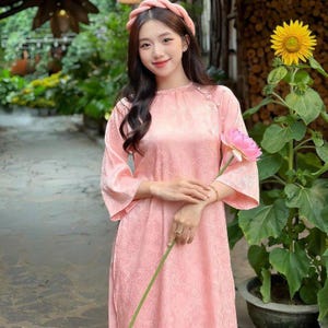 Flowy Pastel Pink Silk Floral Embroidery Ao Dai Set, Modernized Vietnamese Cute Ao Dai, Lunar New Year, Ao Dai Tet, Family Tet Photoshoot