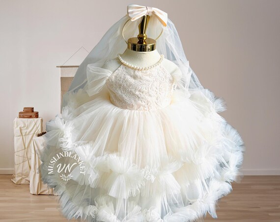 Baby Bowknot Pageant Lace Embroidery Dress Toddler Girls Birthday Wedding Formal Party Tutu Gown W Headwear